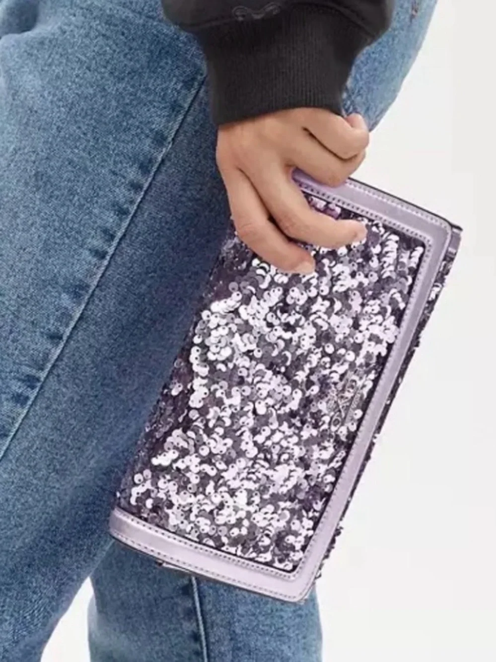 Coach Flap Clutch Crossbody Bag in Lilac Metallic Leather & Sequins
